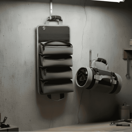 Wall-mounted tool organizer in a workshop setting with tools on the wall and table.