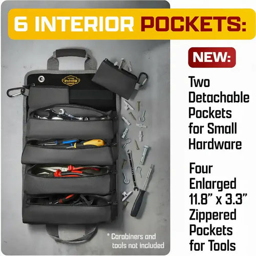 Gray tool organizer with 6 interior pockets, including detachable and zippered sections for tools and hardware