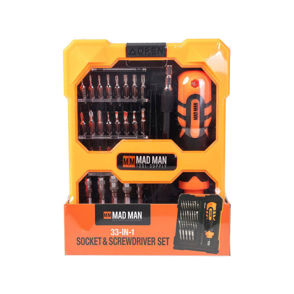 33-in-1 socket and screwdriver set packaging with 'Mad Man' branding on a white background