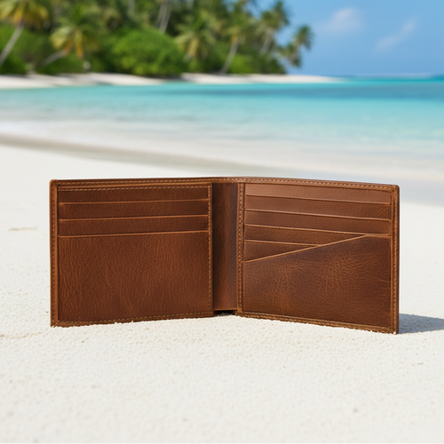 A brown leather bifold wallet is shown open on white sand with a tropical beach and palm trees blurred in the background.