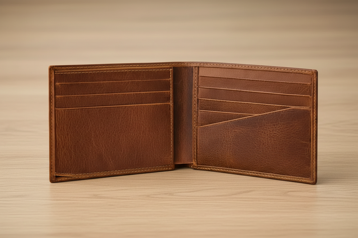 Brown leather wallet open on wooden surface, showing card slots and stitching details