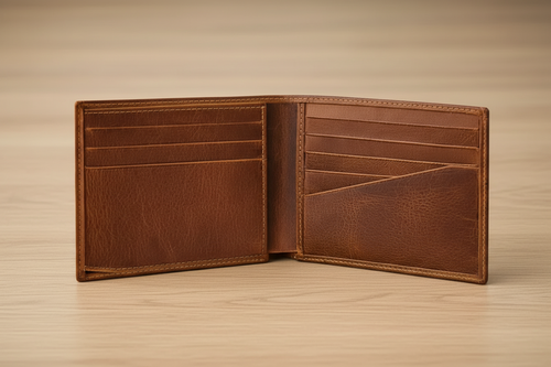 Brown leather wallet open on wooden surface, showing card slots and stitching details