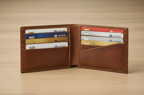 A brown leather bifold wallet shown open, displaying multiple card slots filled with sample credit cards, set against a light wood background.