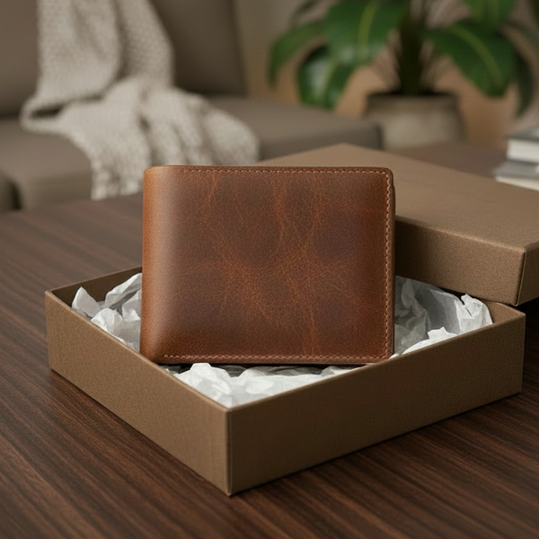 A brown leather bifold wallet displayed in an open brown gift box with white tissue paper, set on a dark wood table with a blurred living room background.