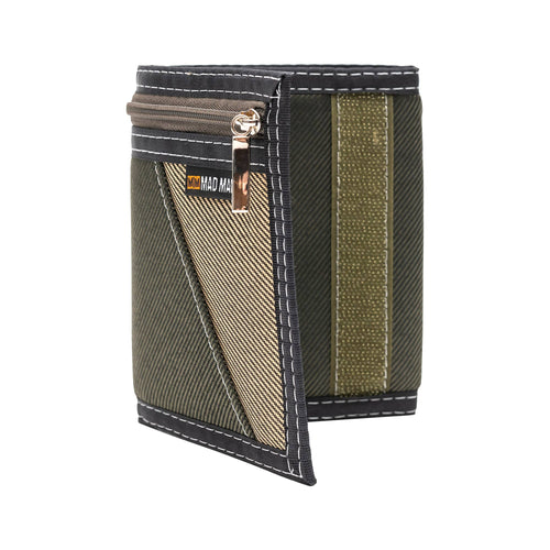 Green and brown wallet with a visible brand logo on a white background