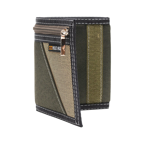 Green and brown wallet with a visible brand logo on a white background