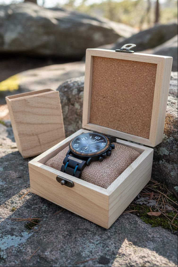 Watch with blue face and black strap in a wooden box