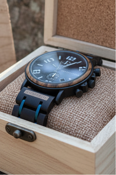 A black chronograph watch with a blue-accented strap rests inside an open light wood presentation box with a cork-lined lid, placed outdoors on a stone surface.