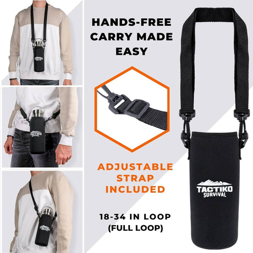 Black carrying pouch with adjustable strap featuring Tactiko Survival logo, shown on a person and close-up.