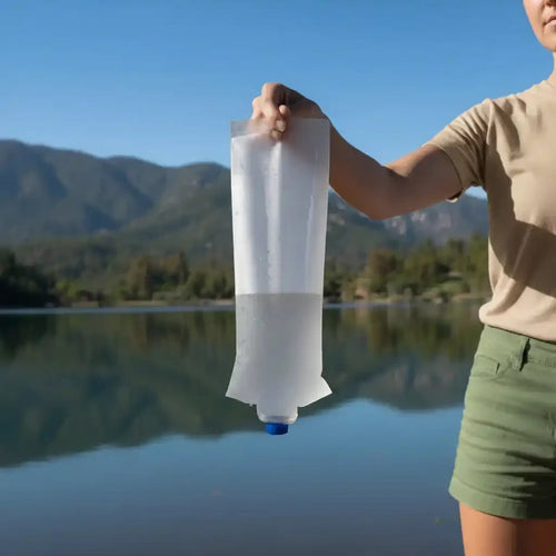 Person holding a clear plastic bottle with a blue cap outdoors on a sunny day.