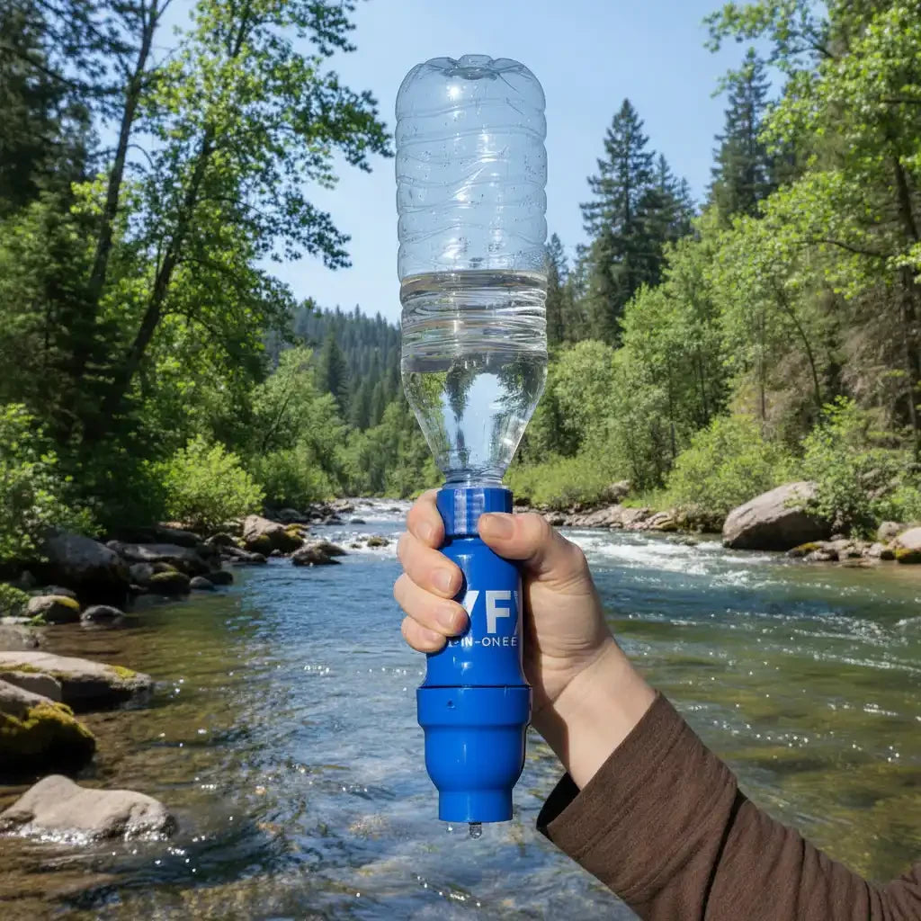 Hand holding a water bottle with a blue filter against a mountainous landscape.