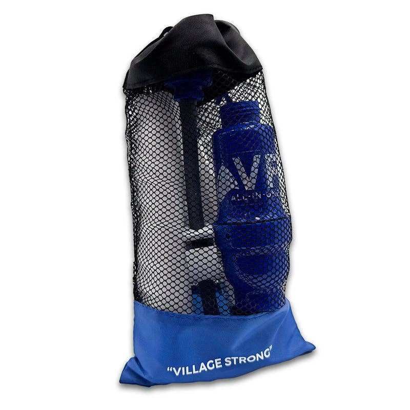 Blue drawstring bag with a blue bottle labeled 'Village Strong' on a white background