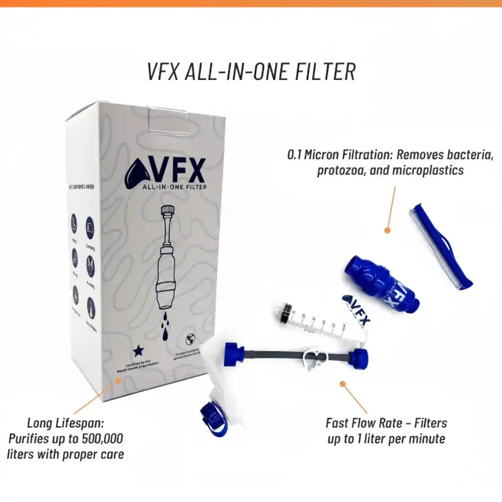 VFX All-in-One Filter packaging with product components on a white background