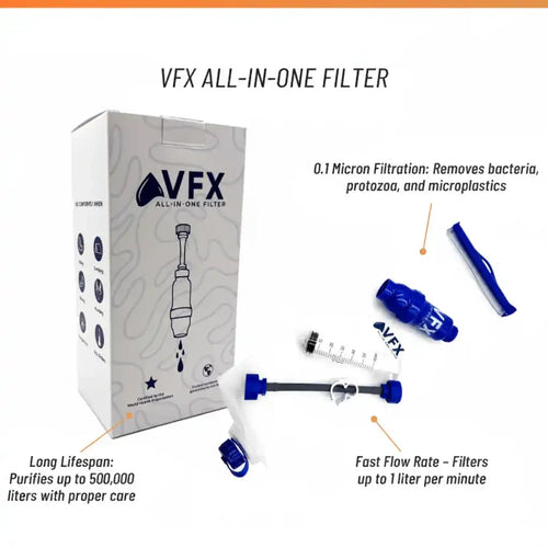 VFX All-in-One Filter packaging with product components on a white background