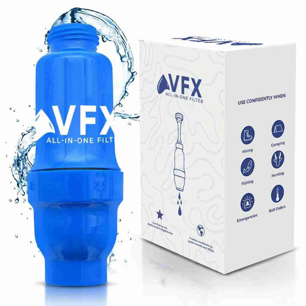 Blue VFX water filter bottle with packaging on a white background