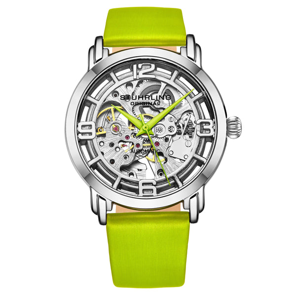 Watch with a green strap and silver case on a white background