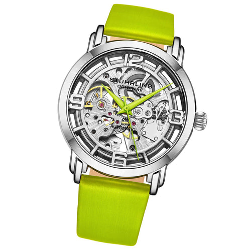 A mechanical wristwatch with a silver-tone case, skeleton dial showing internal gears, and a bright lime green strap and hands, photographed on a plain white background.