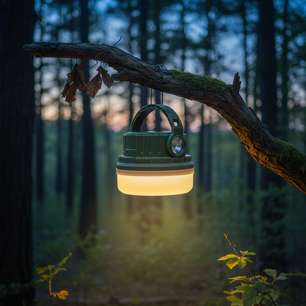 A green camping lantern with a warm yellow glow hangs from a mossy tree branch in a dark forest at dusk.