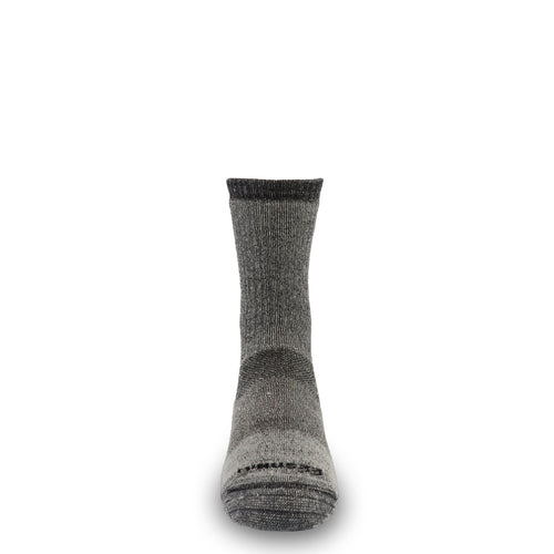 A single dark gray heathered crew sock shown from the back against a plain white background.