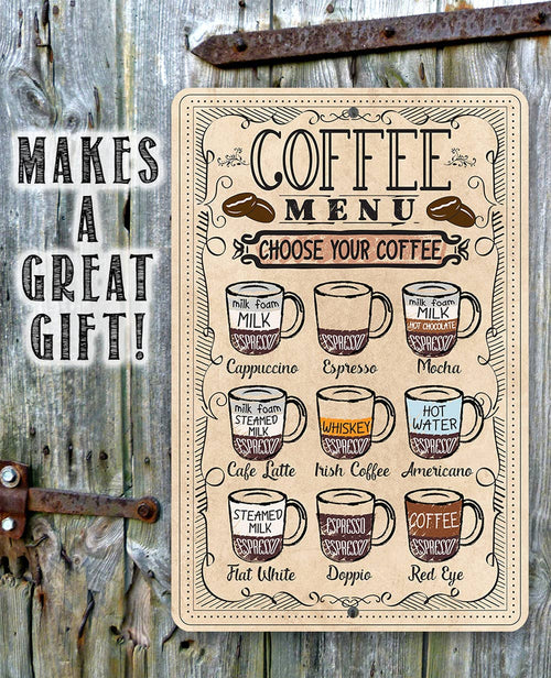 Coffee menu sign with various coffee types on a wooden background
