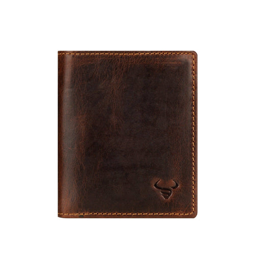 A dark brown leather bifold wallet with visible stitching and an embossed bull logo in the bottom right corner, shown on a plain white background.