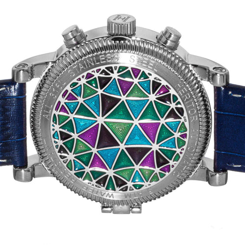 Watch with a colorful geometric pattern on the dial against a white background