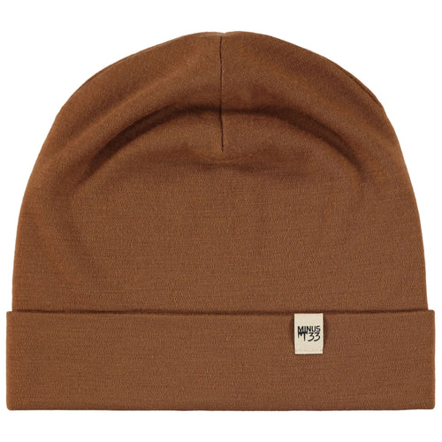 Brown beanie with a brand label on a white background