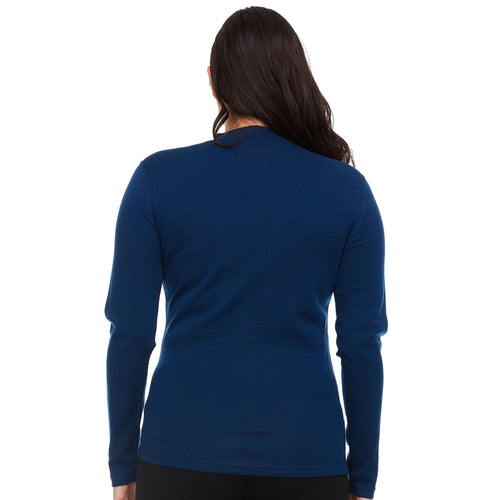Person wearing a blue long-sleeve shirt on a white background