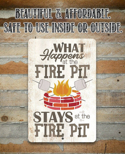 Decorative sign with a fire pit illustration and text on a wooden background