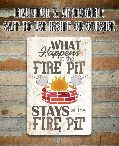Decorative sign with a fire pit illustration and text on a wooden background