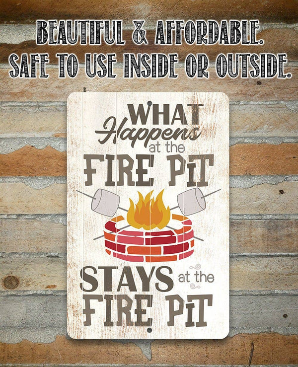 Decorative sign with a fire pit illustration and text on a wooden background