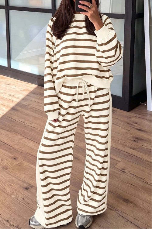 Beige Stripe Relaxed Long Sleeve Top Color Block Detail Drawstring Pants Set