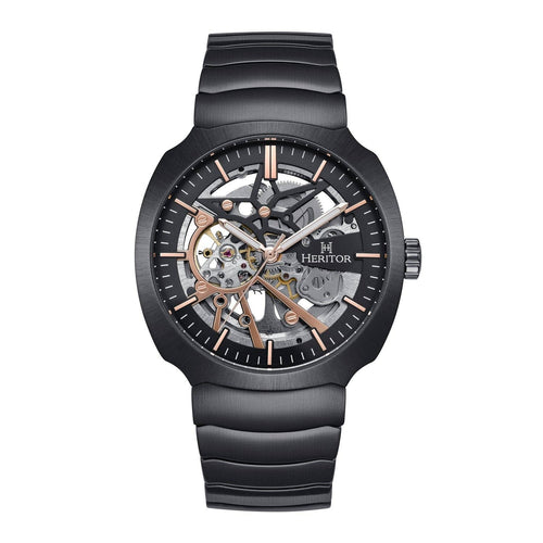 Black mechanical watch with rose gold accents on a white background