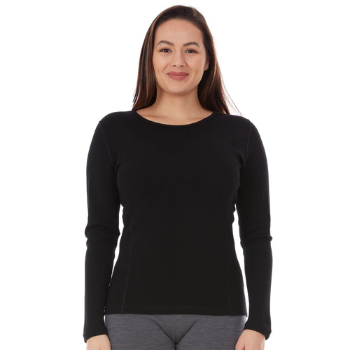 Woman wearing a black long-sleeve shirt on a white background