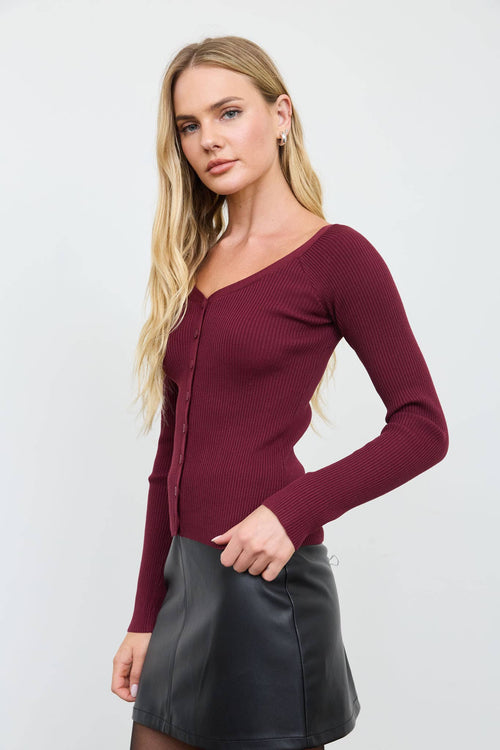 SCOOP NECK BUTTON FITTED RIBBED KNIT CARDIGAN