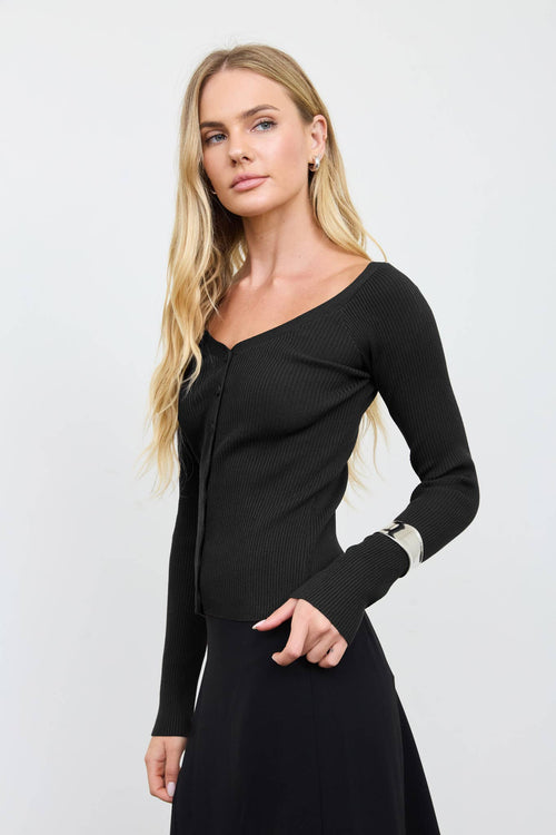 SCOOP NECK BUTTON FITTED RIBBED KNIT CARDIGAN
