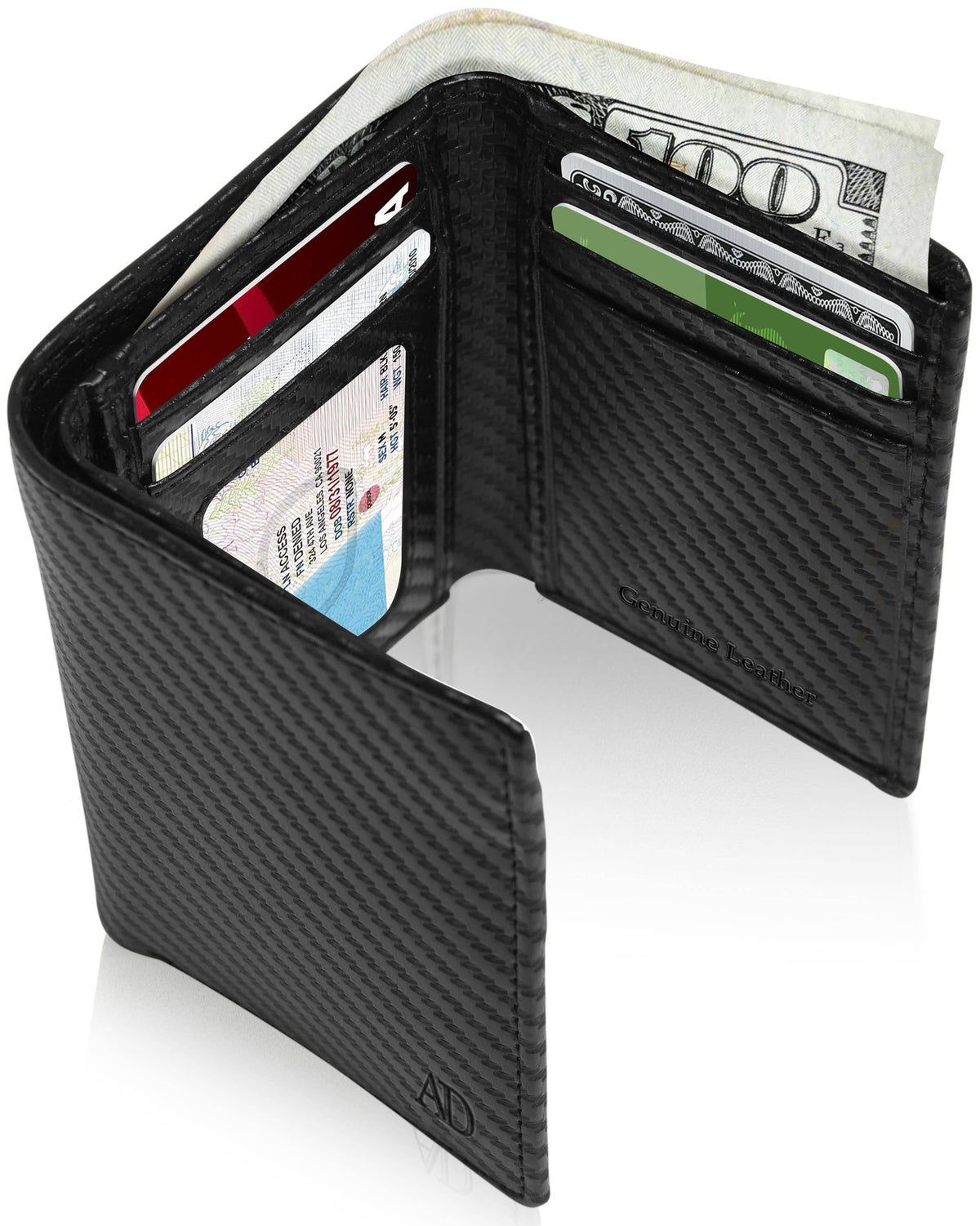 Black carbon fiber wallet with cards and money on a white background