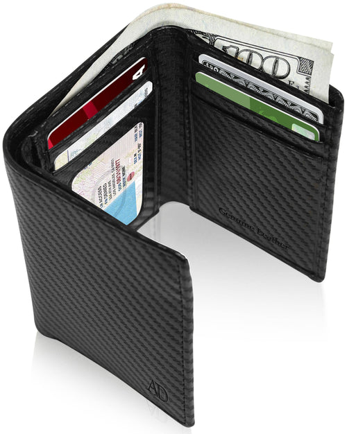 Black carbon fiber wallet with cards and money on a white background
