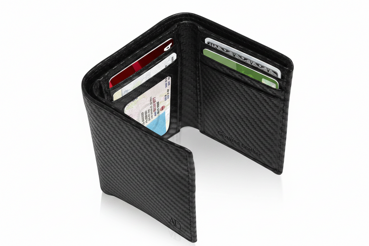 A black carbon fiber-textured bi-fold wallet shown open, displaying multiple card slots filled with sample credit cards, on a clean white background.