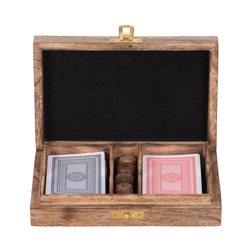 Box - Brown Wooden Rectangular Crafted Cards and Dice, 7 in.
