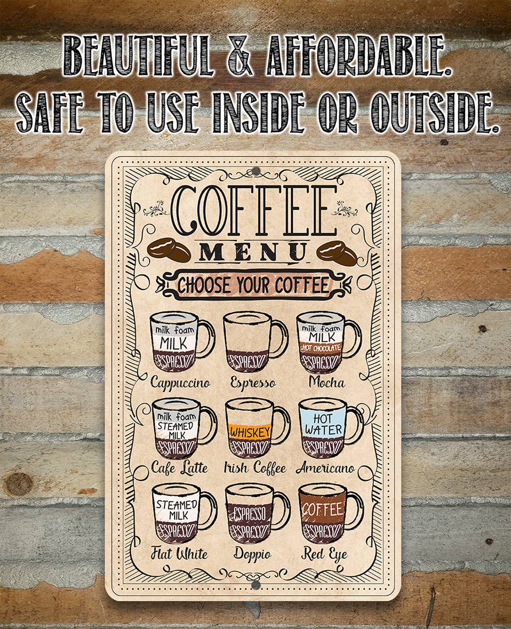 A decorative coffee-themed menu sign with illustrated coffee cups and labels such as cappuccino, espresso, moka, coffee, flat white, steamed milk, iced coffee, and iced tea, shown against a rustic wood plank background with the text 'BEAUTIFUL & AFFORDABLE. SAFE TO USE INSIDE OR OUTSIDE.