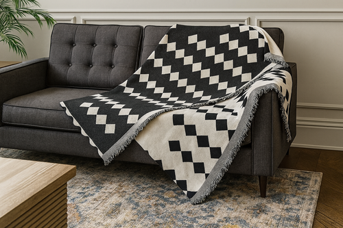 A black and off-white diamond-patterned throw blanket with fringed edges draped over a dark gray tufted sofa in a living room setting.