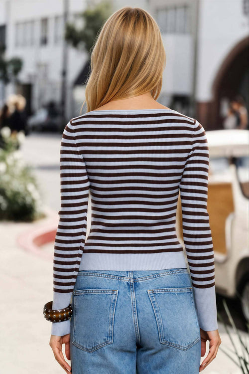 BOAT NECK STRIPE RIBBED LONG SLEEVE SWEATER TOP