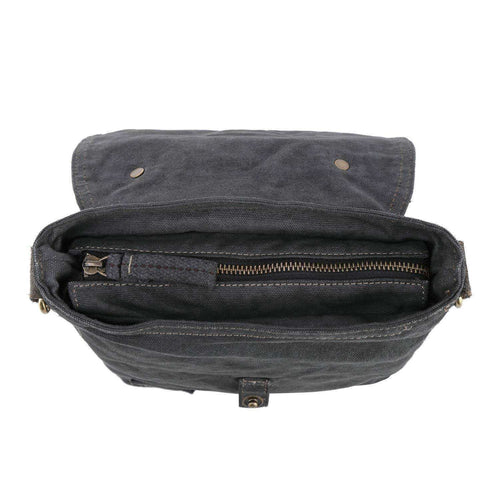 Dark gray canvas bag interior with zipper pocket and brass hardware