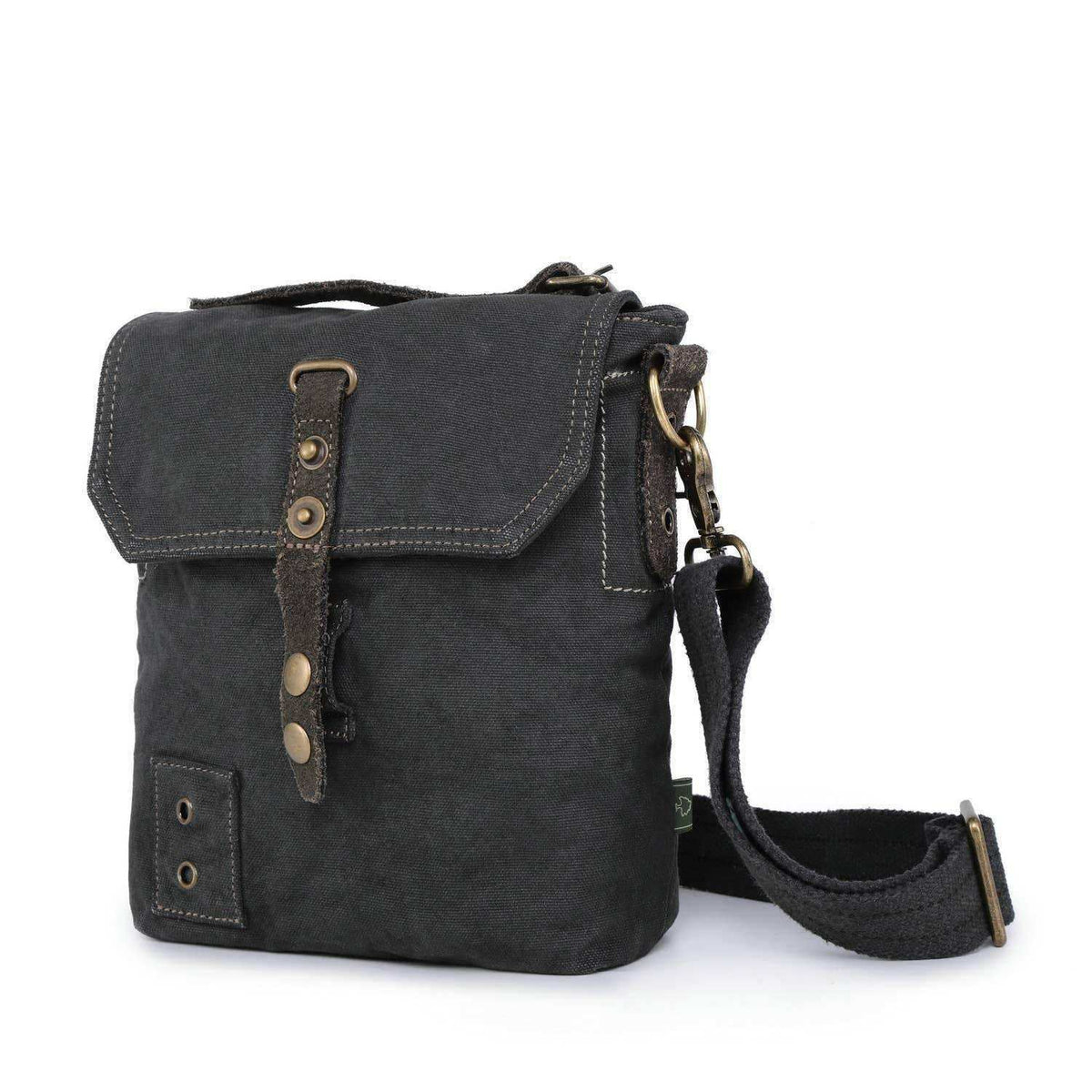 Dark canvas crossbody bag with leather straps and brass hardware