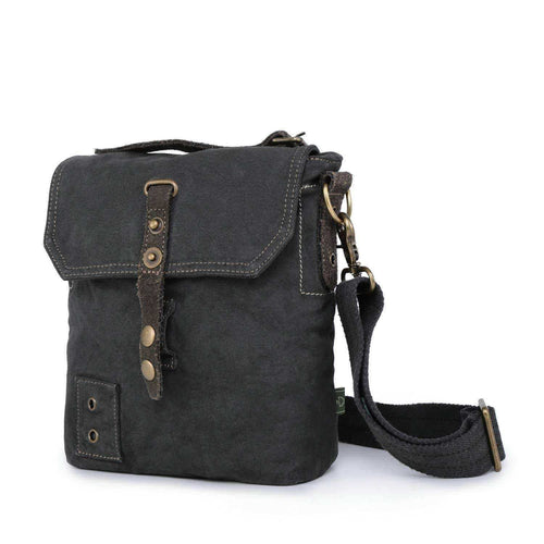 Dark canvas crossbody bag with leather straps and brass hardware