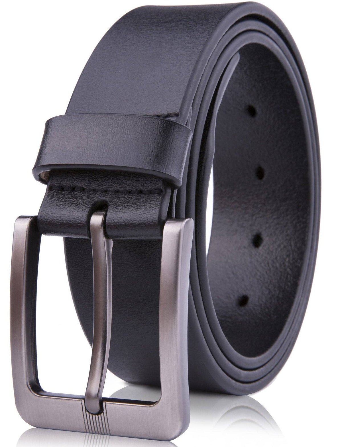 A black leather belt with a brushed silver-tone metal buckle, shown coiled on a clean white background.