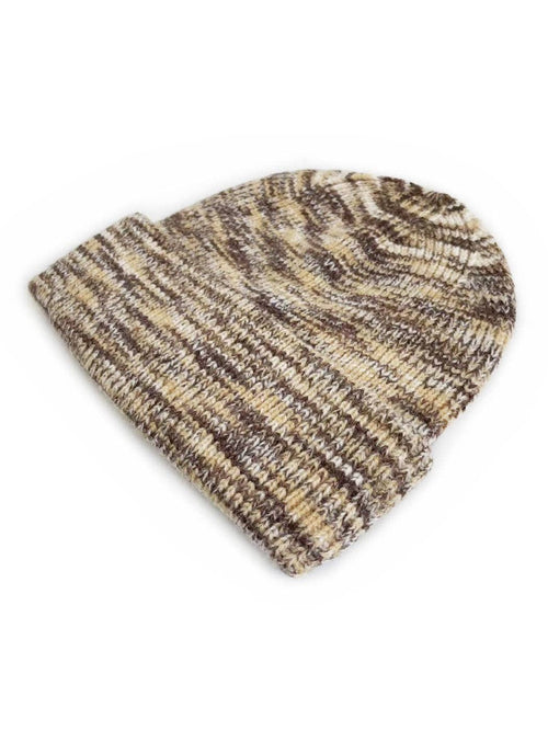 A marled knit beanie hat featuring horizontal stripes of brown, beige, and cream, shown on a plain white background.