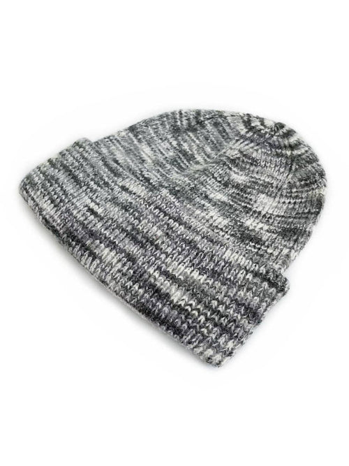 A marled knit beanie hat in a heathered gray and white pattern, shown on a plain white background.
