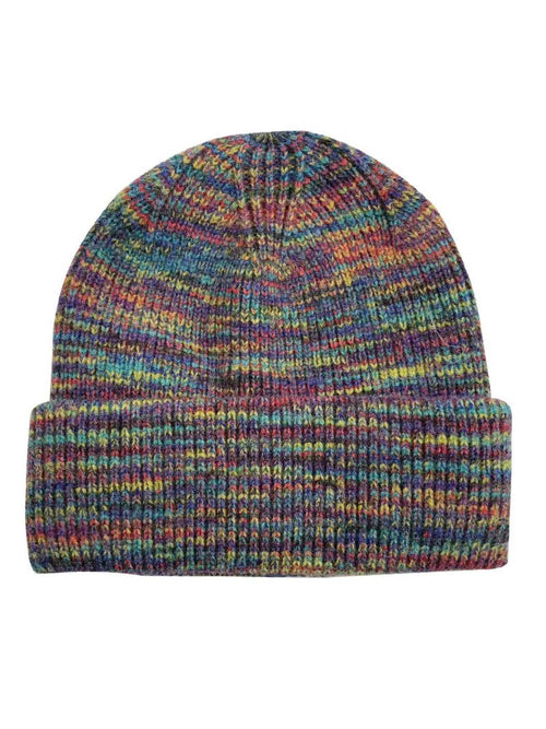 A multicolor marled knit beanie hat with a folded cuff, shown against a plain white background.